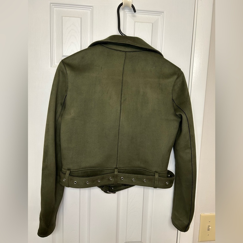 Zara Olive Moto Jacket Belted Zip Biker Chic Trendy S - Picture 4 of 14